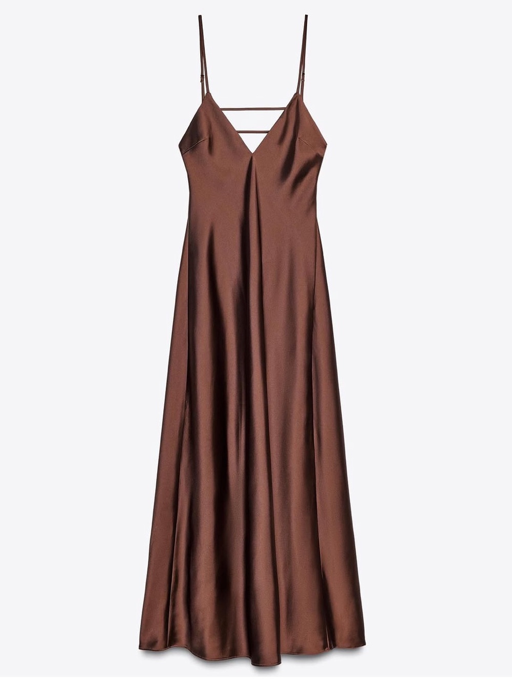 Zara Brown Satin Slip Dress with Strappy V-Neck